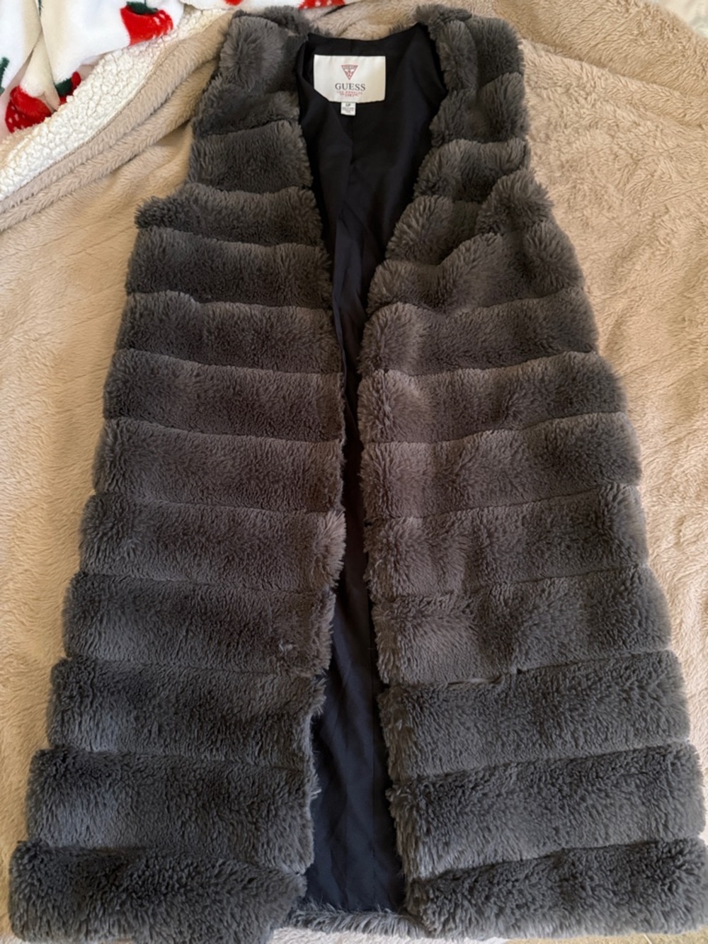 Guess Gray Plush Faux Fur Puffer Vest